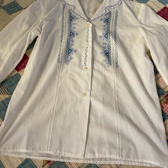 60s 70s Greek Boho Light Cotton Blend Embroider Needlepoint Button Up Blouse Med - Picture 10 of 13
